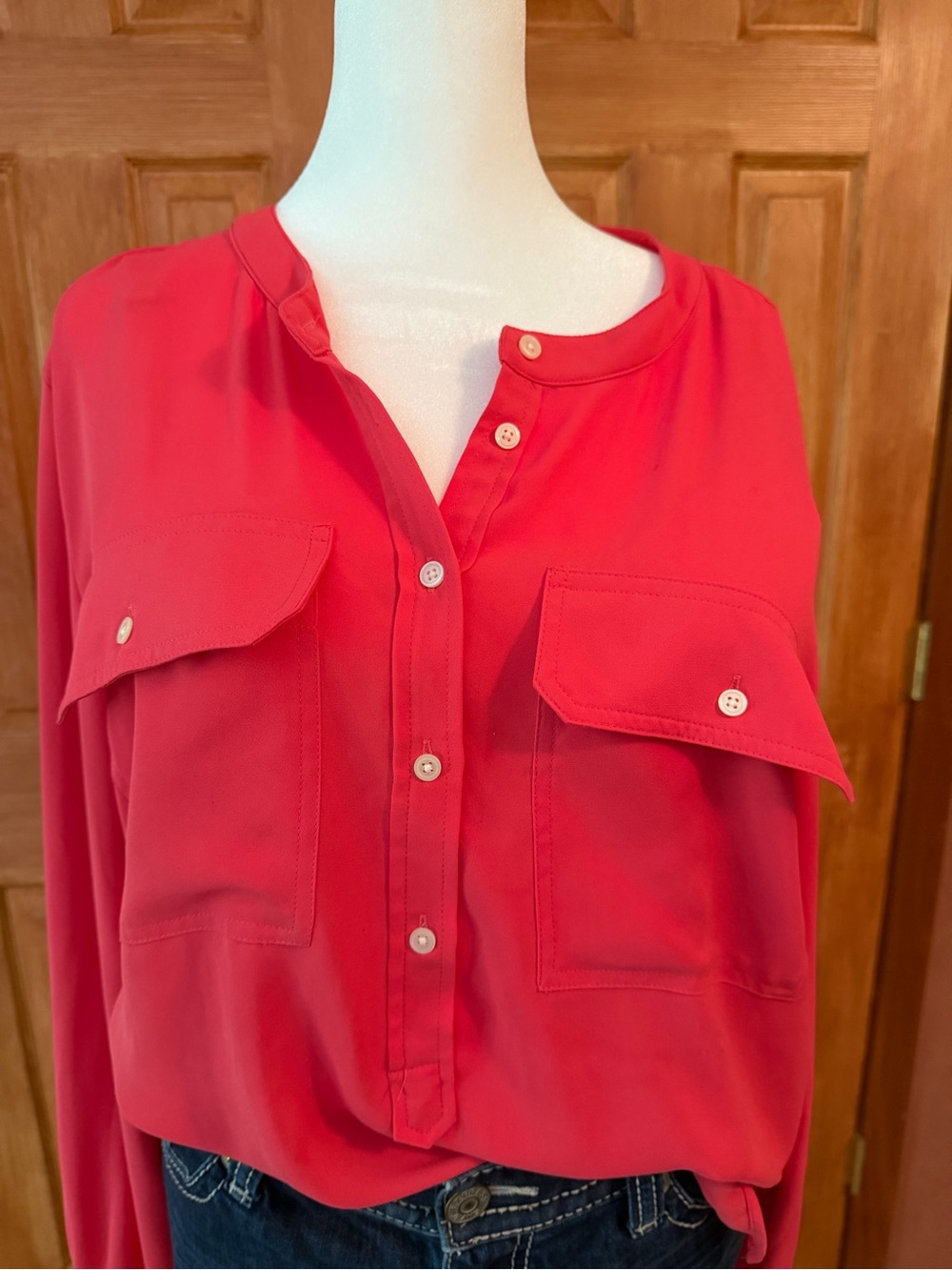 LOFT pink Button-Front Long Sleeve Pocket Blouse